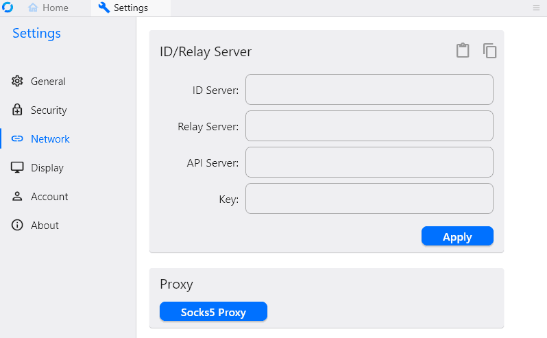 RustDesk 官方网络设置截图：左侧 Network，右侧 ID/Relay Server、导入图标和 Apply 按钮
